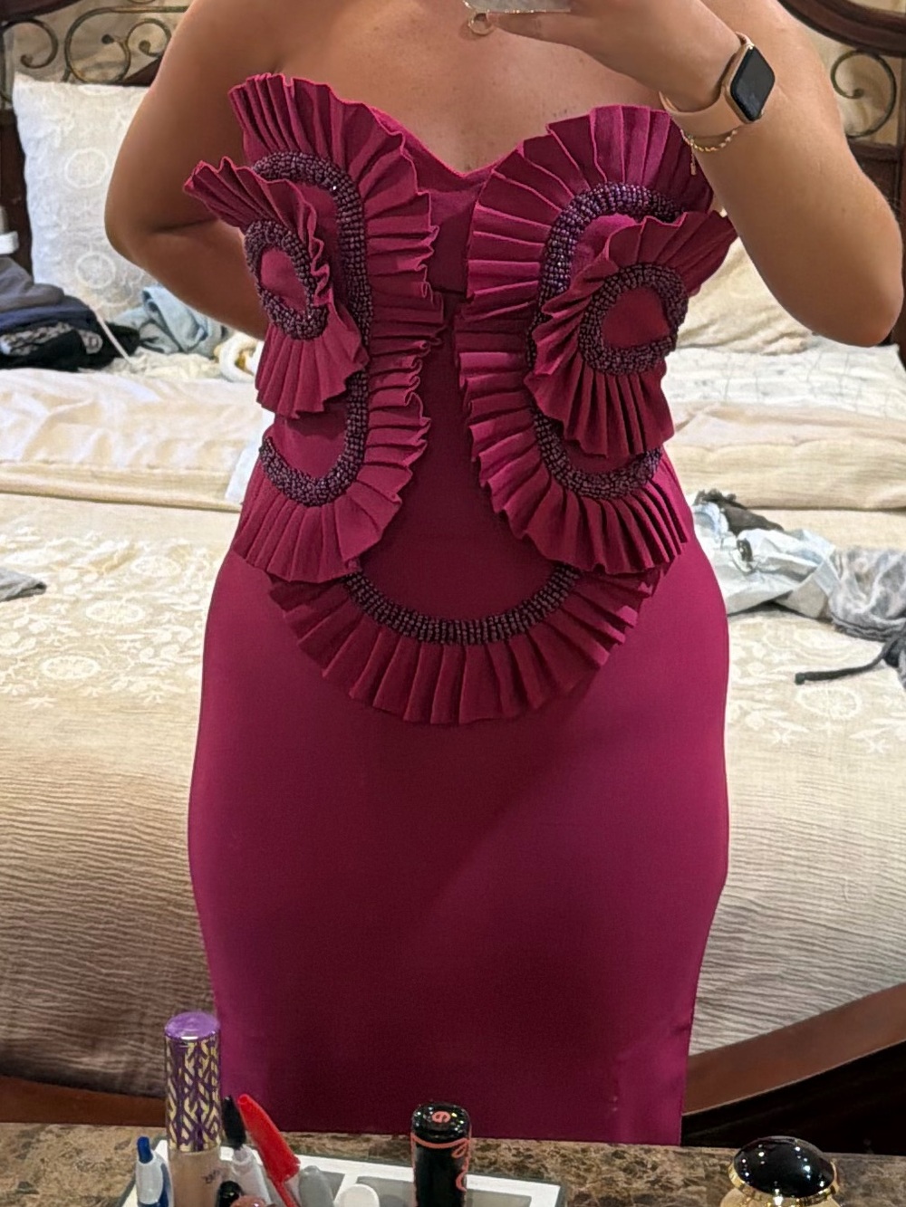 Fashion Nova Strapless Fuchsia Sculpted Ruffle Bodycon Dress